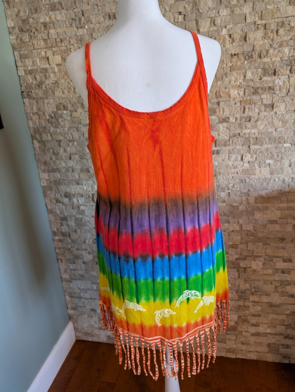 Vintage Cancun Mexico Rainbow Tie Dye Dolphin Fringe Tank Top Cover Up Festival - Picture 3 of 9